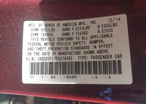 2015 Honda Accord Sport из США, поврежденный, VIN 1HGCR2F57FA078460